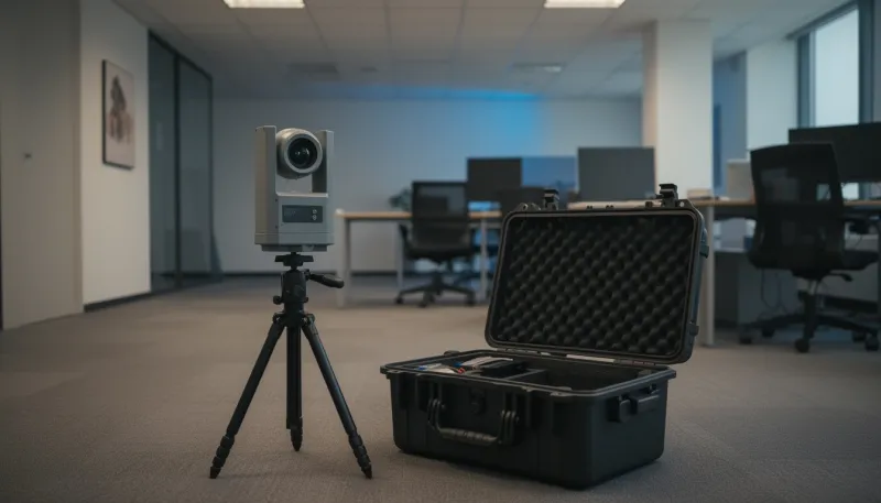 Laserscanner auf Stativ neben einem geöffneten Transportkoffer in einem Büro