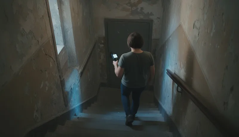 Person mit Handscanner auf der Treppe eines Altbaus