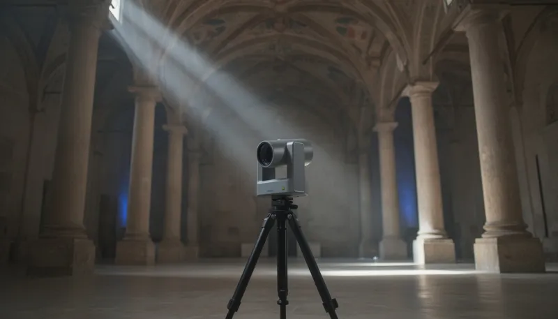Laserscanner auf Stativ in einer historischen Säulenhalle mit Gewölbe