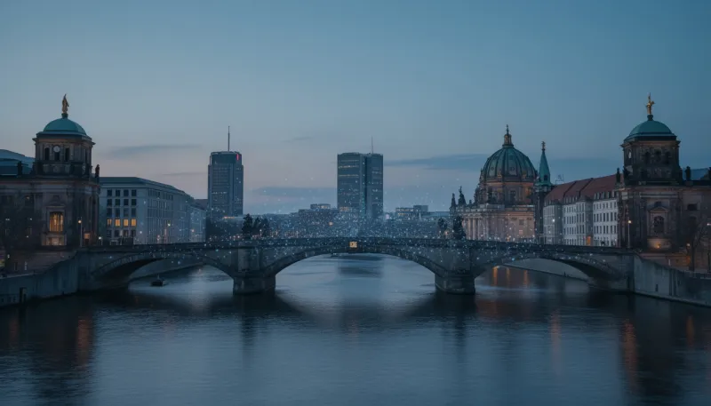Brücke über die Spree mit historischen Gebäuden zur blauen Stunde