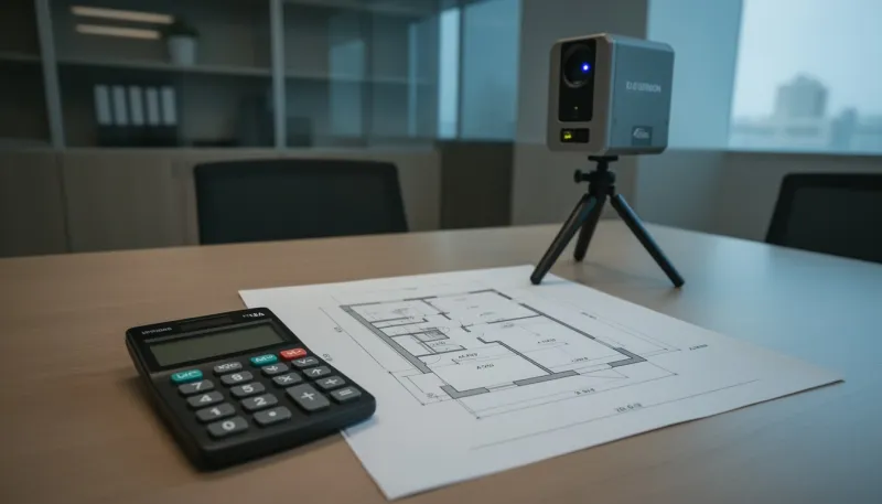 Taschenrechner und Grundriss auf einem Bürotisch, dahinter ein Laserscanner