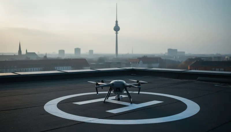 Drohne auf einem Landeplatz auf einem Berliner Dach, im Hintergrund der Fernsehturm