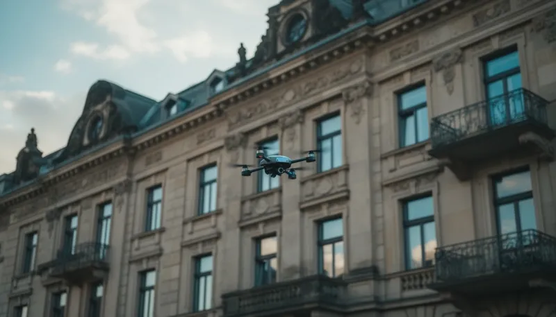 Drohne vor einer verzierten Gründerzeitfassade mit Balkonen