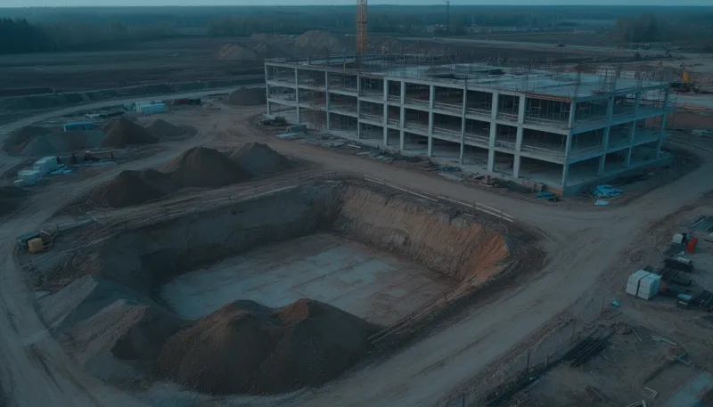 Baustelle von oben mit Baugrube, Erdhaufen und Rohbau