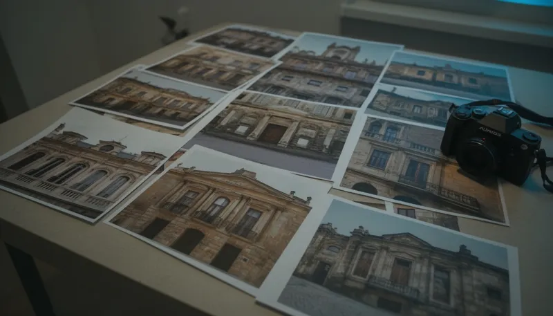 Viele Fotos einer historischen Fassade als Mosaik auf einem Tisch, daneben eine Kamera