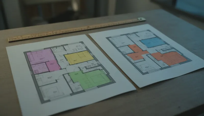 Zwei Grundrisse derselben Wohnung mit farbig markierten Flächen und einem Lineal