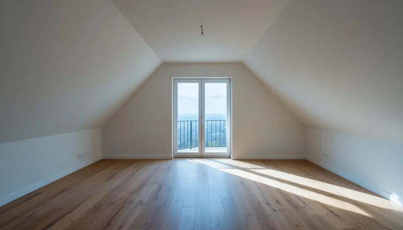Leere Dachgeschosswohnung mit Dachschrägen und Balkontür
