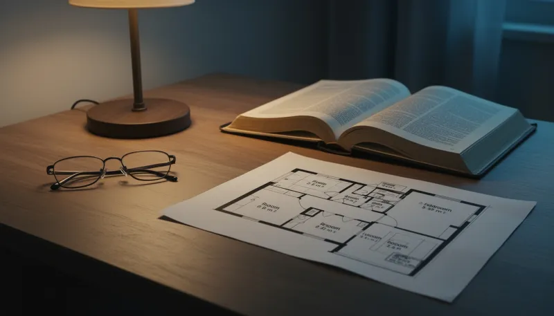 Aufgeschlagenes Fachbuch, Brille und gedruckter Wohnungsgrundriss auf einem Schreibtisch