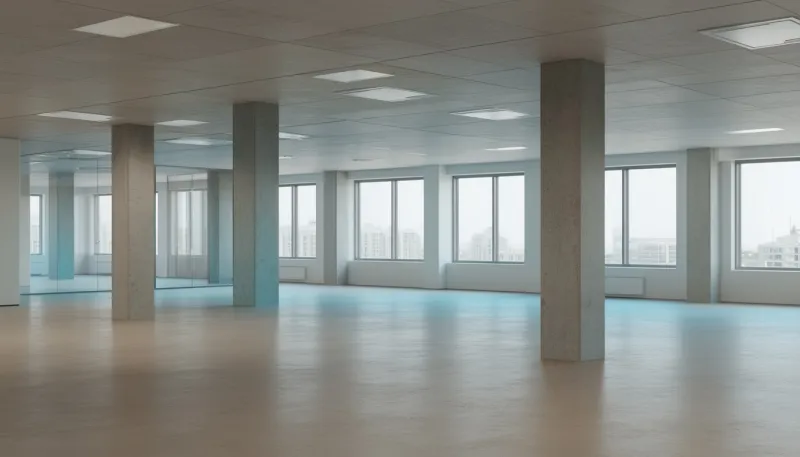 Leere Bürofläche mit Stützen und großen Fensterfronten