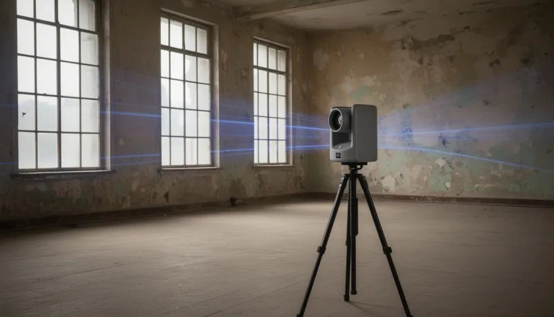 Laserscanner in einem leeren Altbauraum, blaue Laserlinien über den Wänden