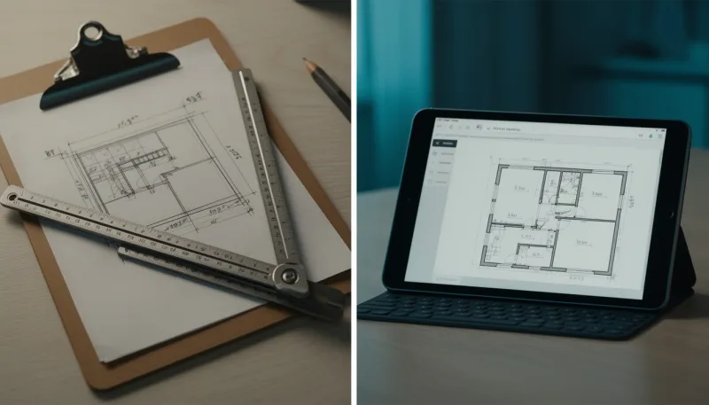 Klemmbrett mit Handskizze und Zollstock neben einem Tablet mit digitalem Grundriss