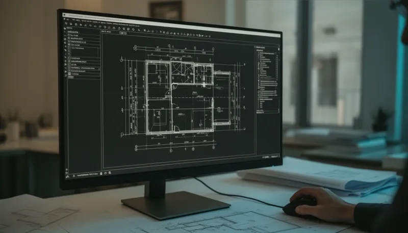 Monitor mit einem bemaßten CAD-Grundriss, daneben Planunterlagen