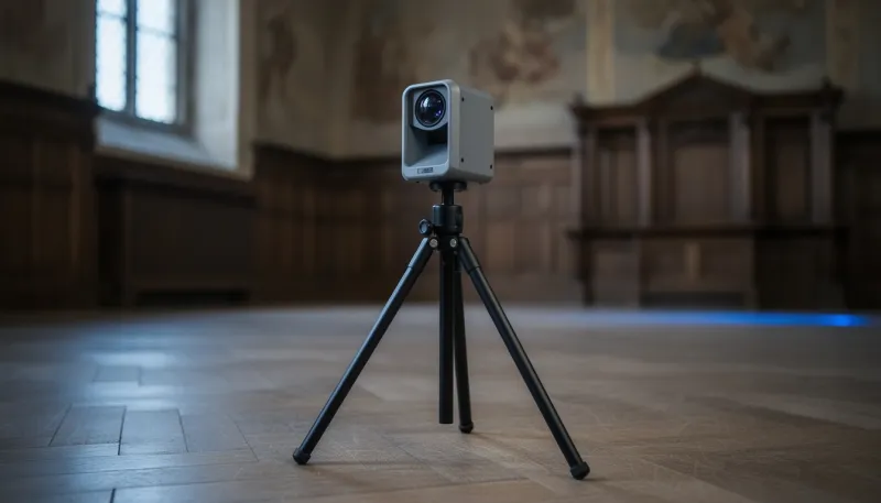 Laserscanner auf Stativ in einem historischen Raum mit Holzvertäfelung