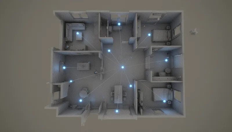 Punktwolke eines Wohnungsgrundrisses von oben mit markierten Scanner-Standpunkten