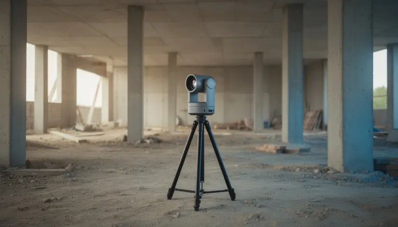 Laserscanner auf Stativ in einem Rohbau mit Betonstützen