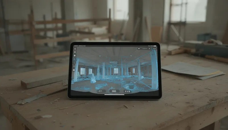 Tablet auf einem Baustellentisch zeigt eine 360-Grad-Ansicht einer Punktwolke