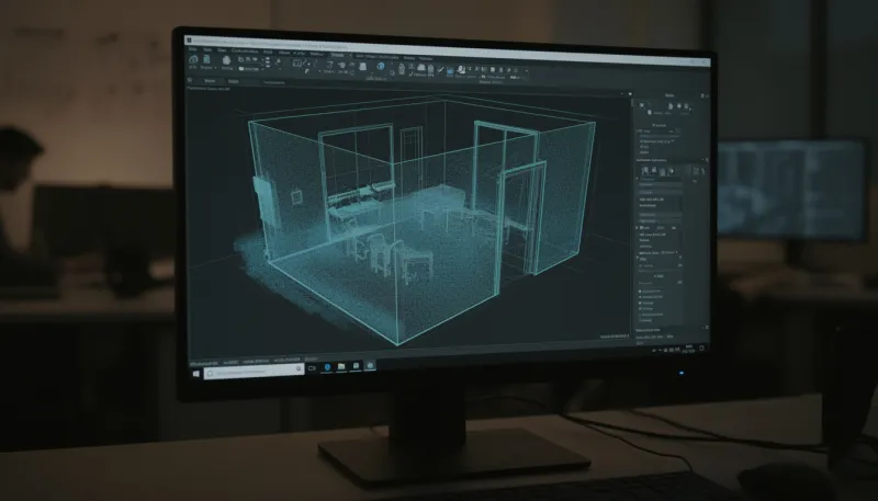 Bildschirm mit einer Raum-Punktwolke, über die ein 3D-Wandmodell gelegt wird