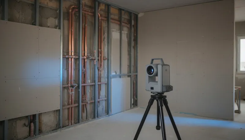 Laserscanner in einem Ausbauraum vor einer offenen Wand mit Installationsleitungen