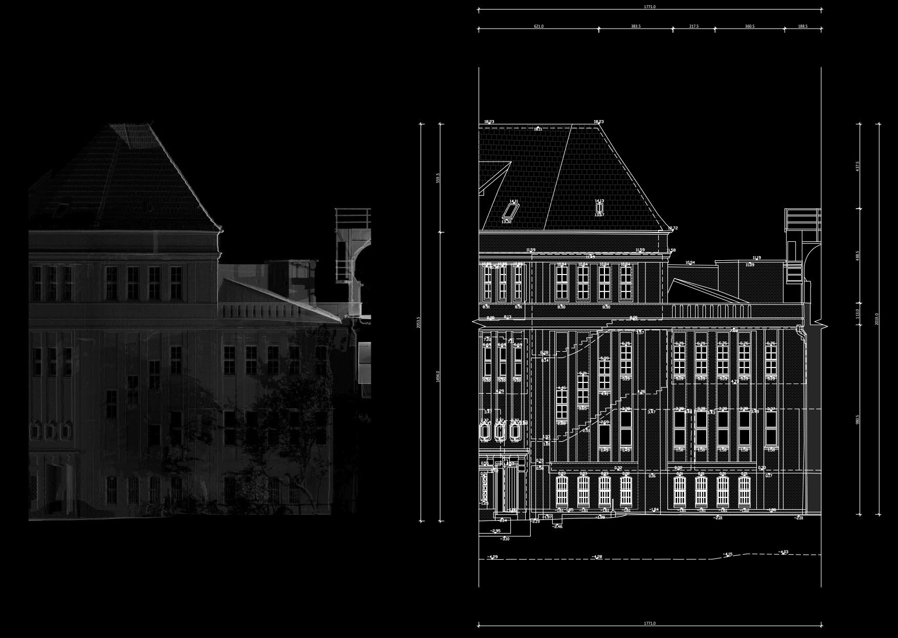CAD-Ansicht über der Punktwolke eines Industriedenkmals, als Negativ