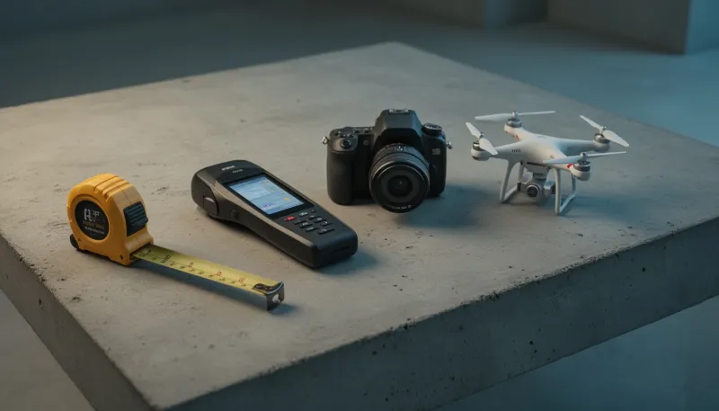Maßband, Handscanner, Kamera und Drohne nebeneinander auf einem Betontisch