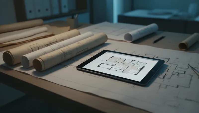 Alte Planrollen neben einem Tablet mit digitalem Grundriss auf einem Schreibtisch