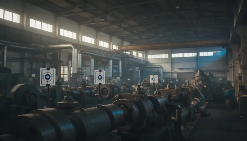 Industriehalle mit Maschinen und Rohrleitungen, an denen Zielmarken befestigt sind