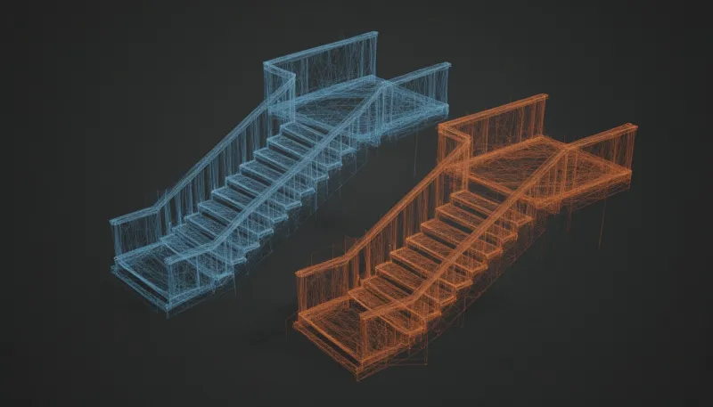 Zwei Punktwolken derselben Treppe in Blau und Orange, die zueinander ausgerichtet werden