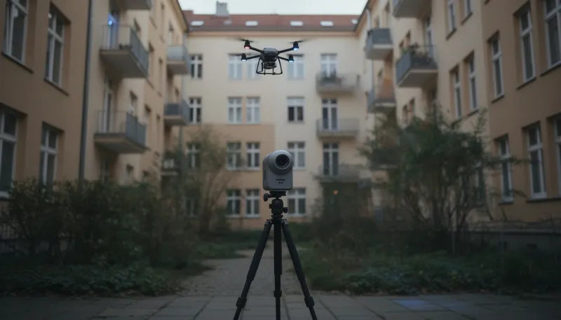 Drohne über einem Berliner Hinterhof, im Vordergrund ein Laserscanner auf Stativ
