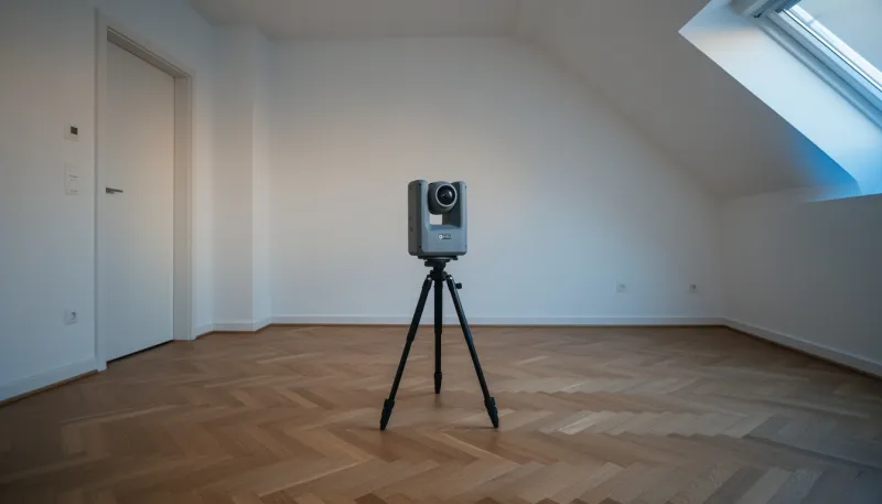 Laserscanner auf Stativ in einer leeren Dachgeschosswohnung mit Fischgrätparkett