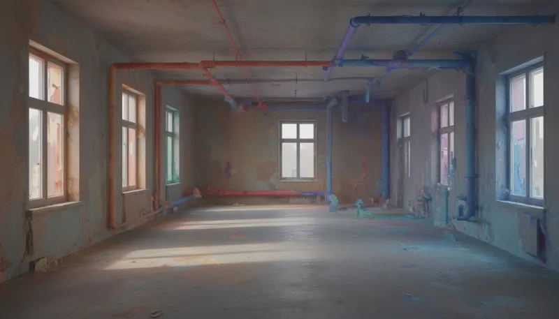 Rohbauraum, dessen Wände, Rohre und Fenster farblich nach Bauteilen unterschieden sind