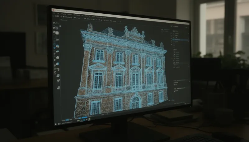 Bildschirm mit einem 3D-Netzmodell einer historischen Fassade aus einer Punktwolke