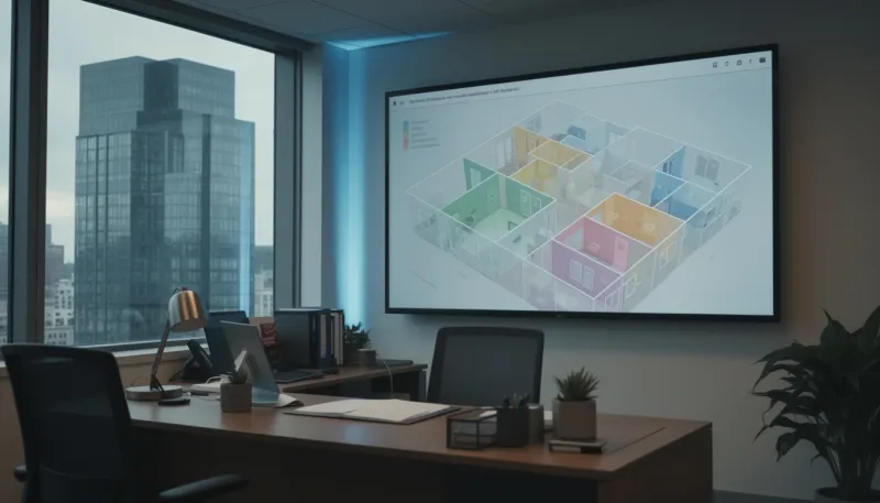 Büro mit großem Bildschirm, auf dem ein 3D-Gebäudemodell mit farbig markierten Räumen zu sehen ist