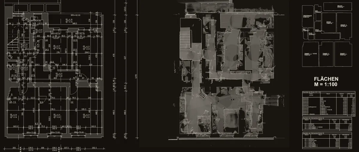 Aufmaßzeichnung eines Obergeschosses mit Orthofoto aus dem Laserscan und Flächenschema der Einheiten