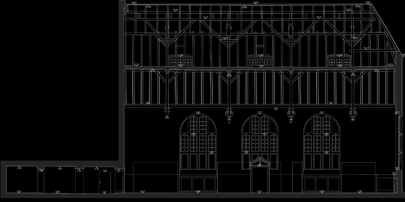 Aus dem Scan gezeichneter Längsschnitt der Turnhalle